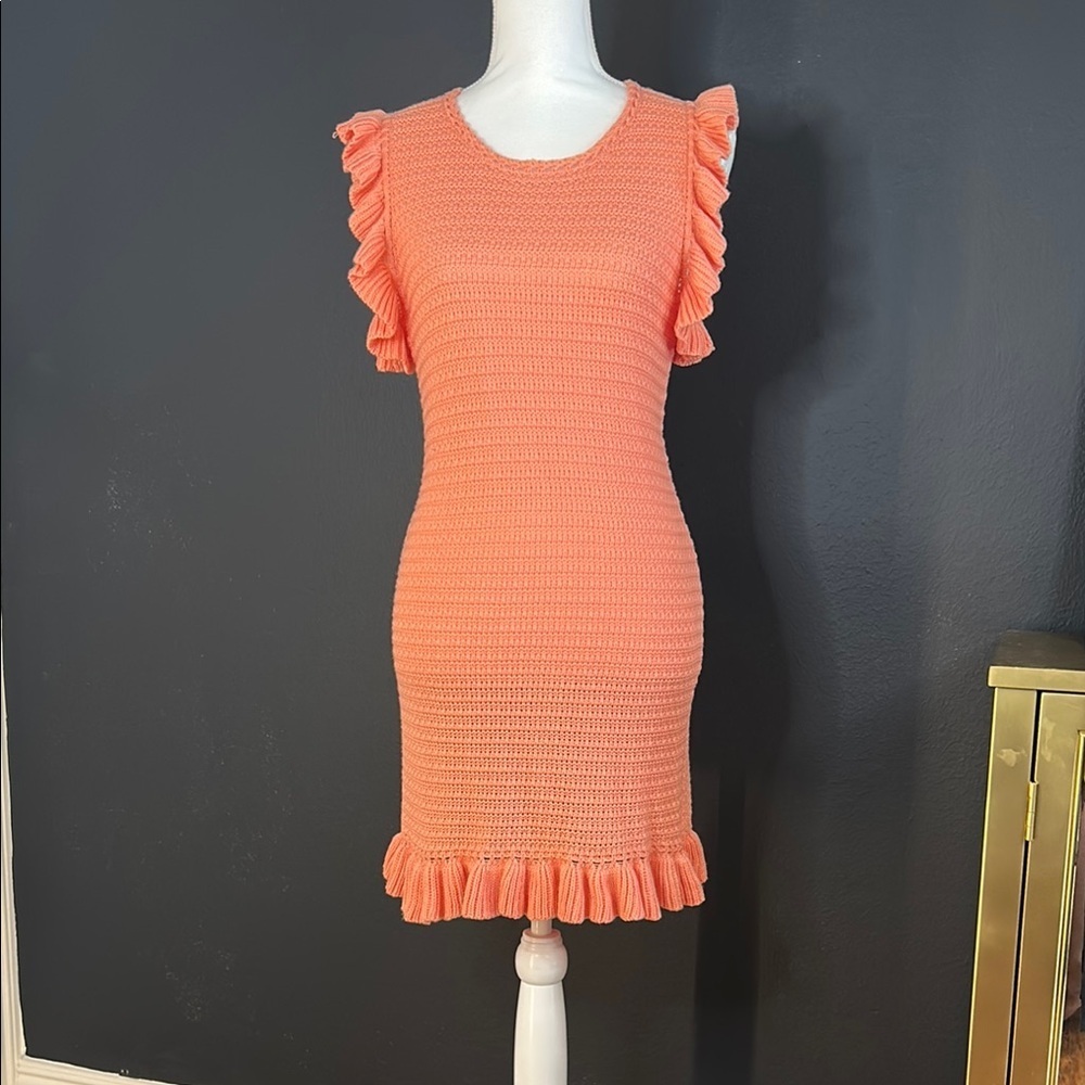 🧶 Mustard Seed Crochet Knit Mini Dress – Coral Ruffle Sleeve – NWT Size L
